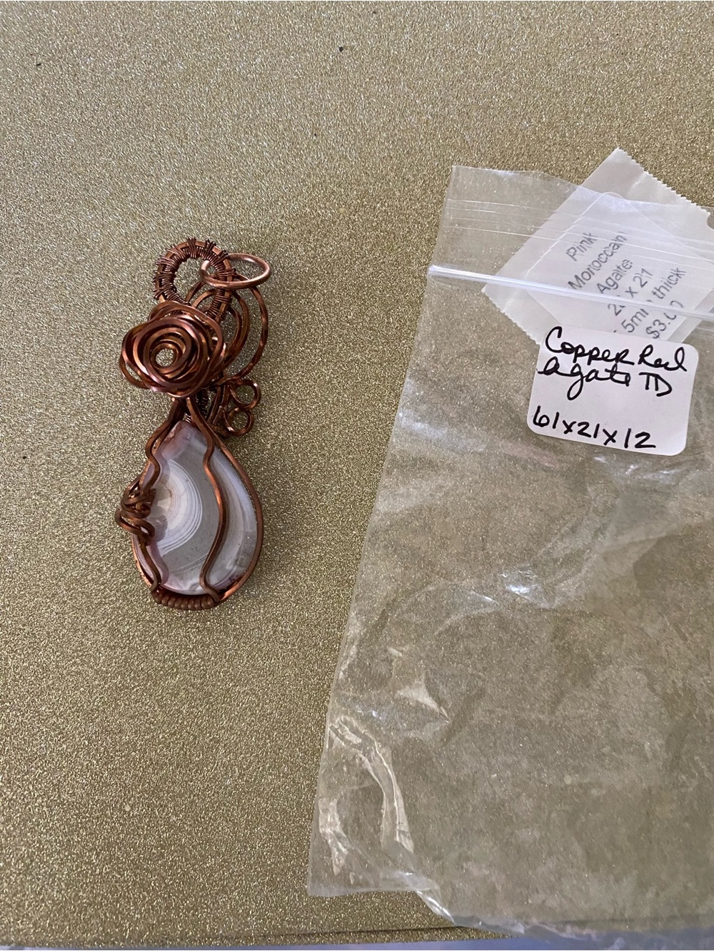 Pink Moroccan Agate Cabochon Wrapped in Copper Rosette